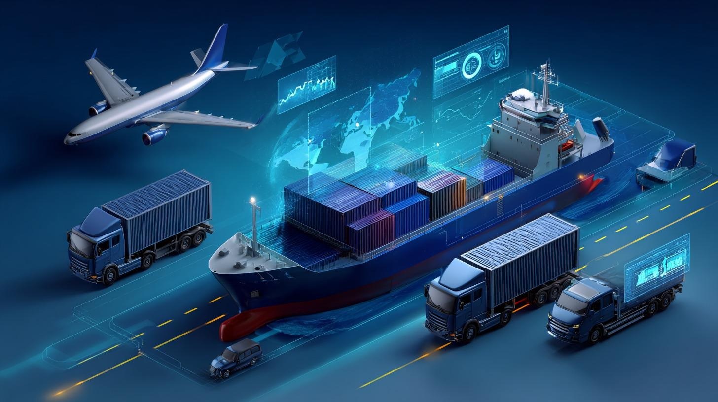 Ilustração da logística internacional: navio porta-contêineres, avião e caminhões